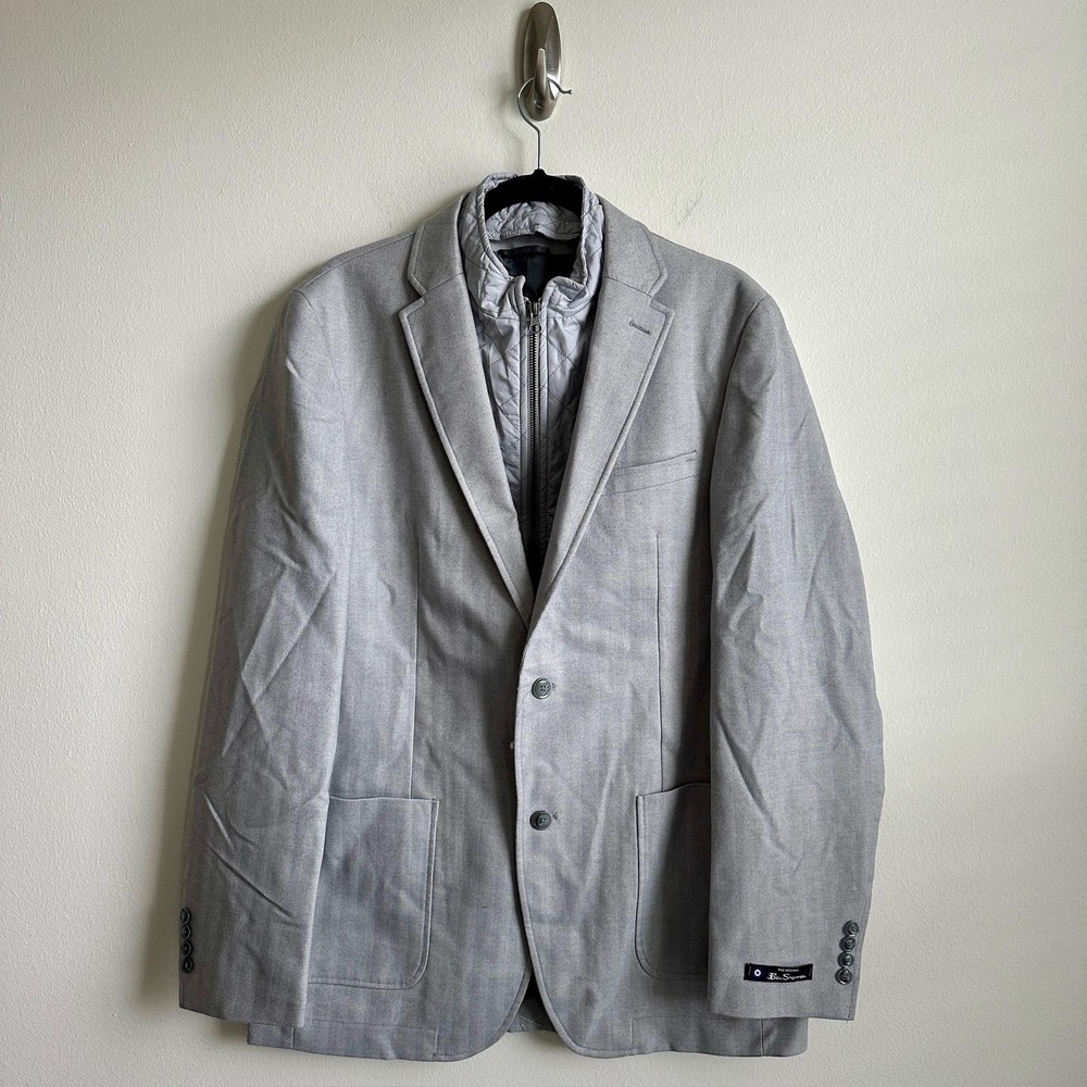 Ben Sherman Blazer Mens 40L Grey Kyle Quilted Removable Liner Herringbone Jacket